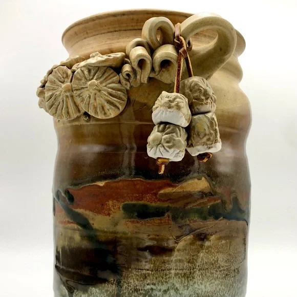 Large Pottery Crock Vase Hand Made Beads On Leather Dangle Applied Floral Relief - Picture 11 of 15